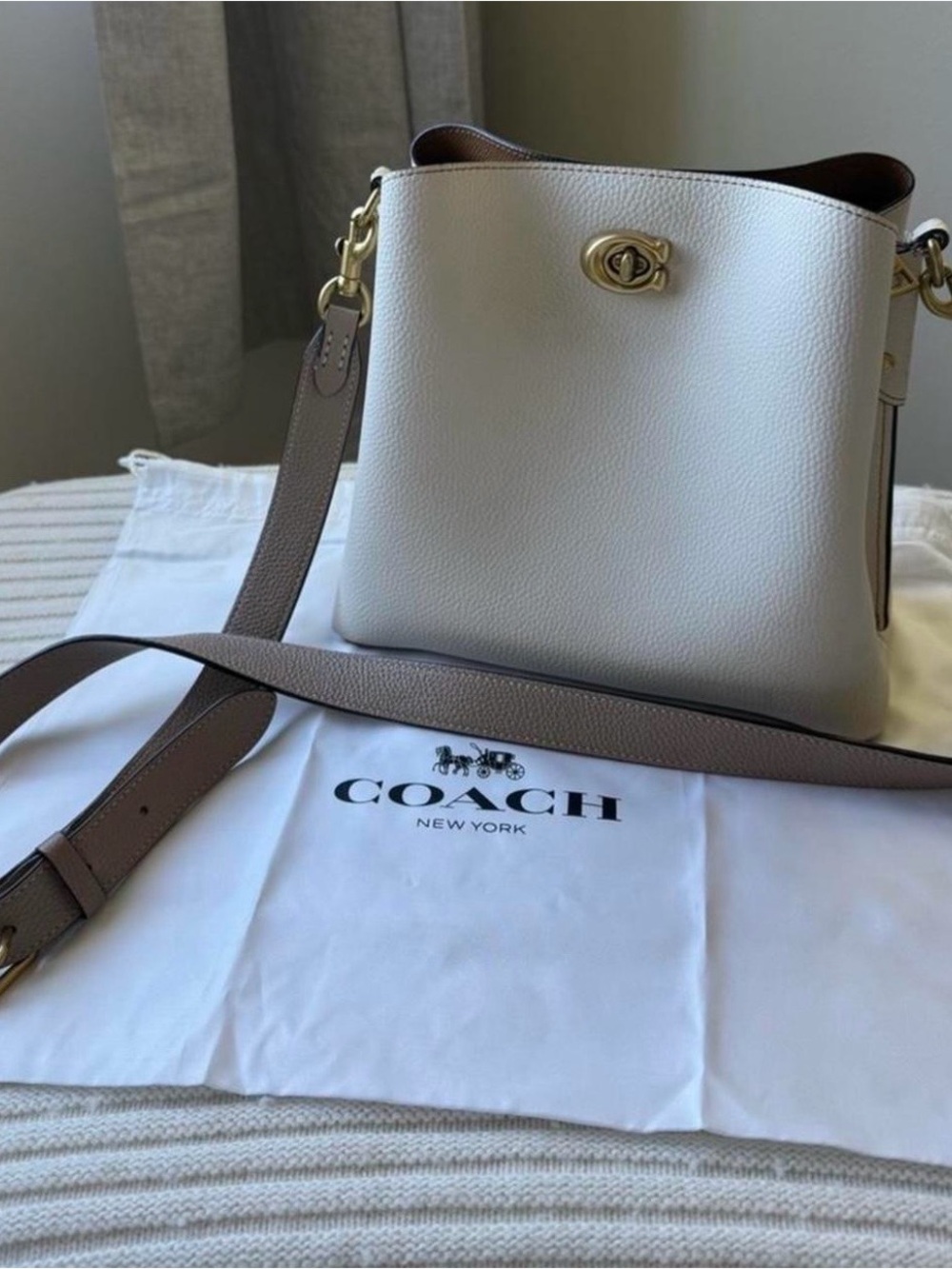 Coach Pebble Leather Shoulder Bag in Chalk with Taupe Strap